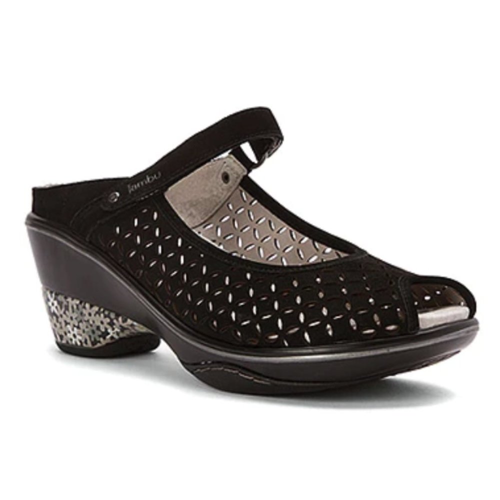 Jambu Journey Encore Wedge Sandals Peep Toe Perforated Leather Black Floral